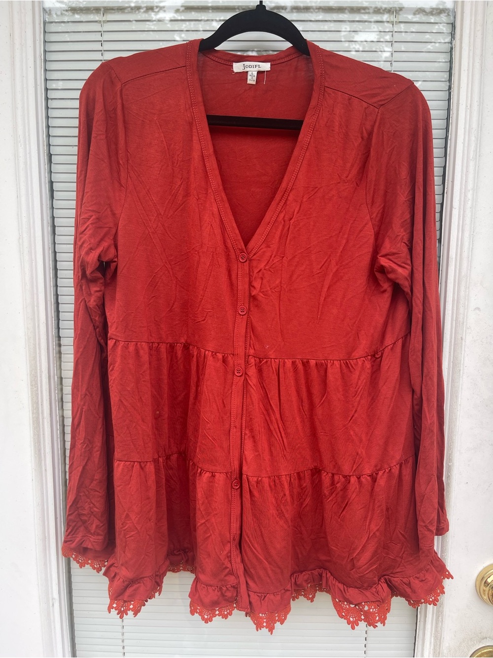 JODIFL Rust Tiered Button-Front Long Sleeve Top